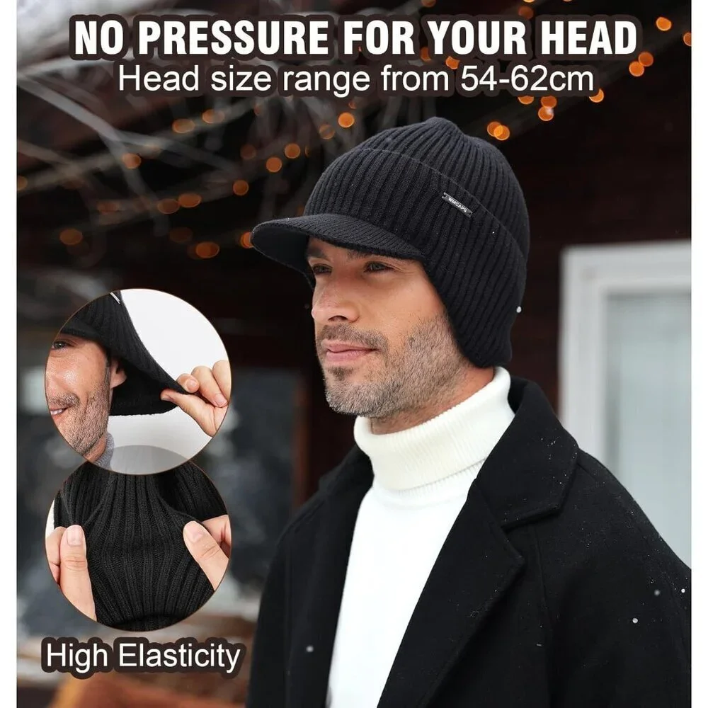 Men's Grey Winter Beanie Brim And Ear Flaps Outdoor Warm Fleece Lined Knit Hat